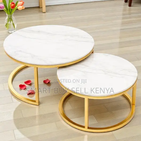 Elegant White Marble Nesting Coffee Tables Set With Gold Finish Style