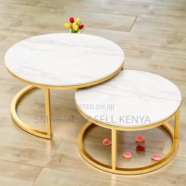 Chic White Marble Nesting Coffee Table Set With Gold Frame Design