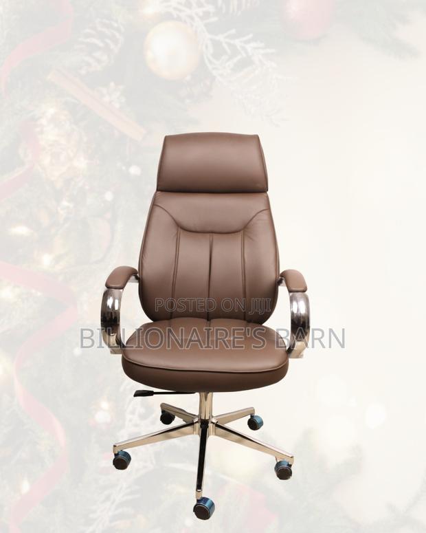 Brown Executive Leather Chair • Posture Support, Strong Chrome Base