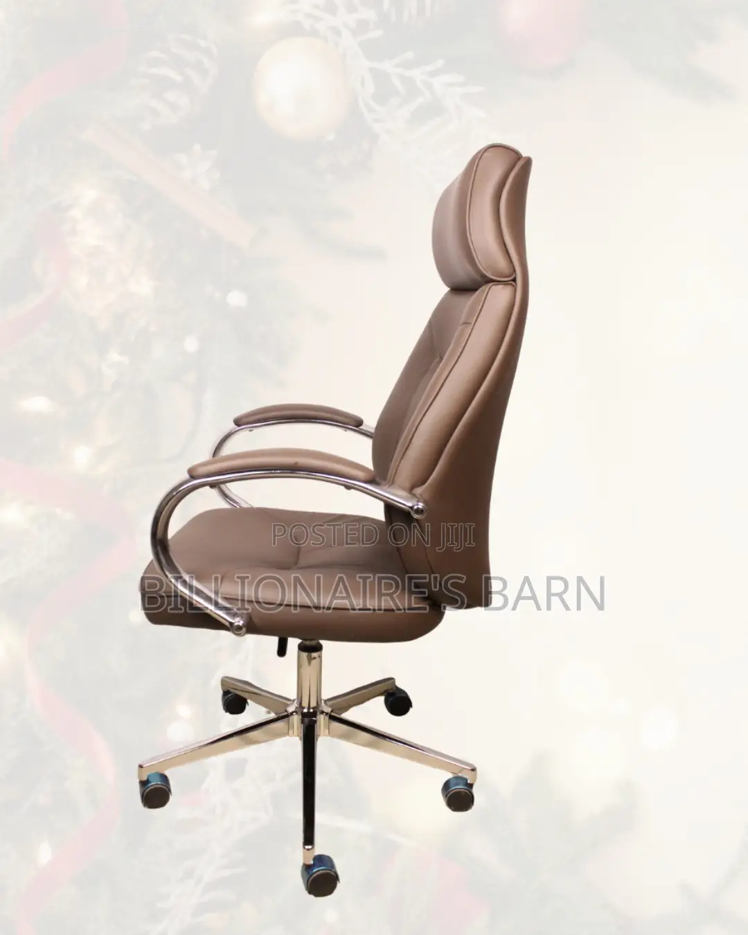 Brown Executive Leather Chair • Posture Support, Strong Chrome Base