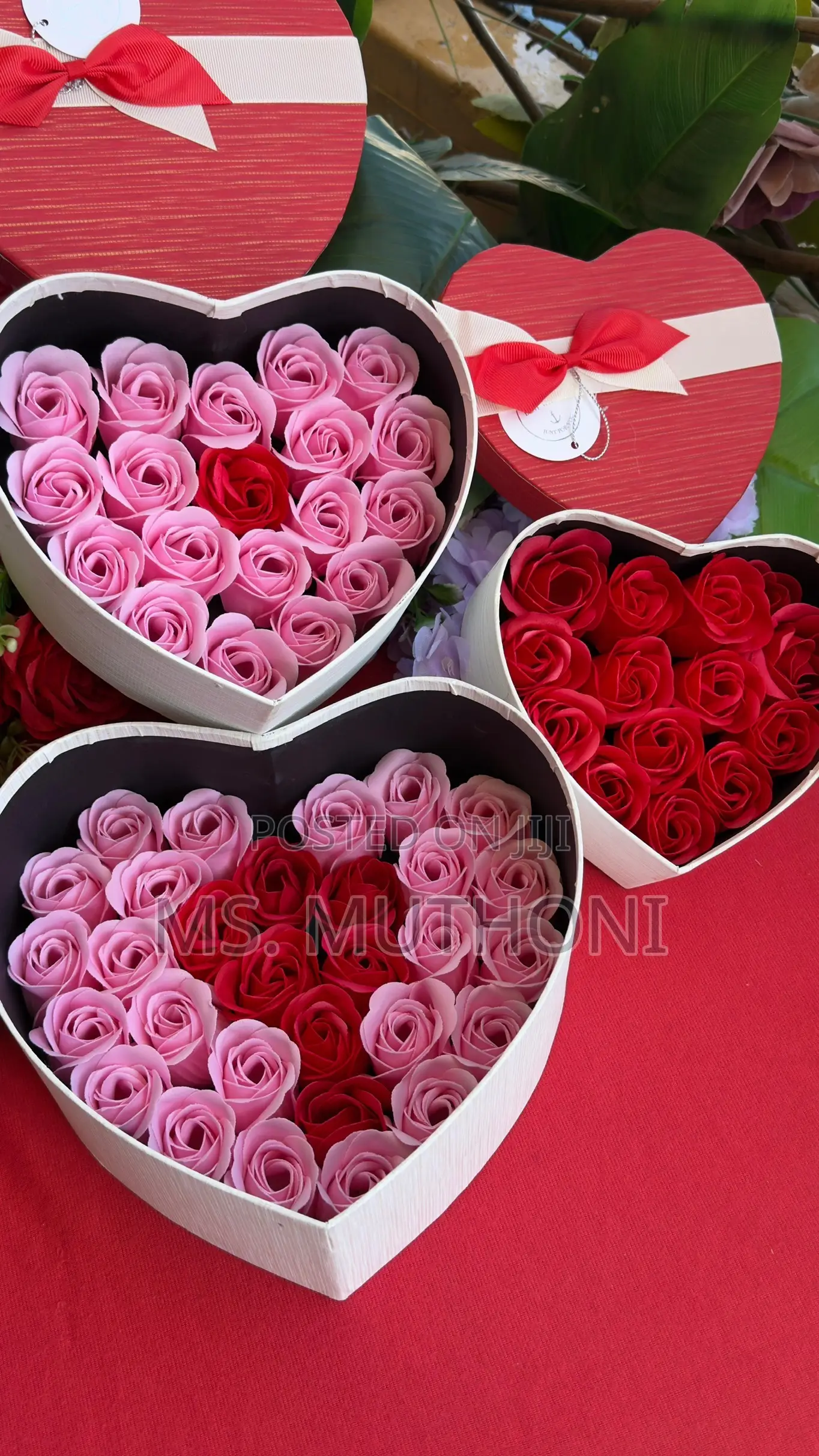  Valentines Heart-Shaped Gift Boxes Containing Pink Soap Roses.