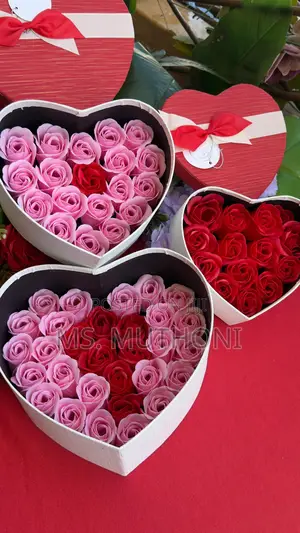  Valentines Heart-Shaped Gift Boxes Containing Pink Soap Roses.