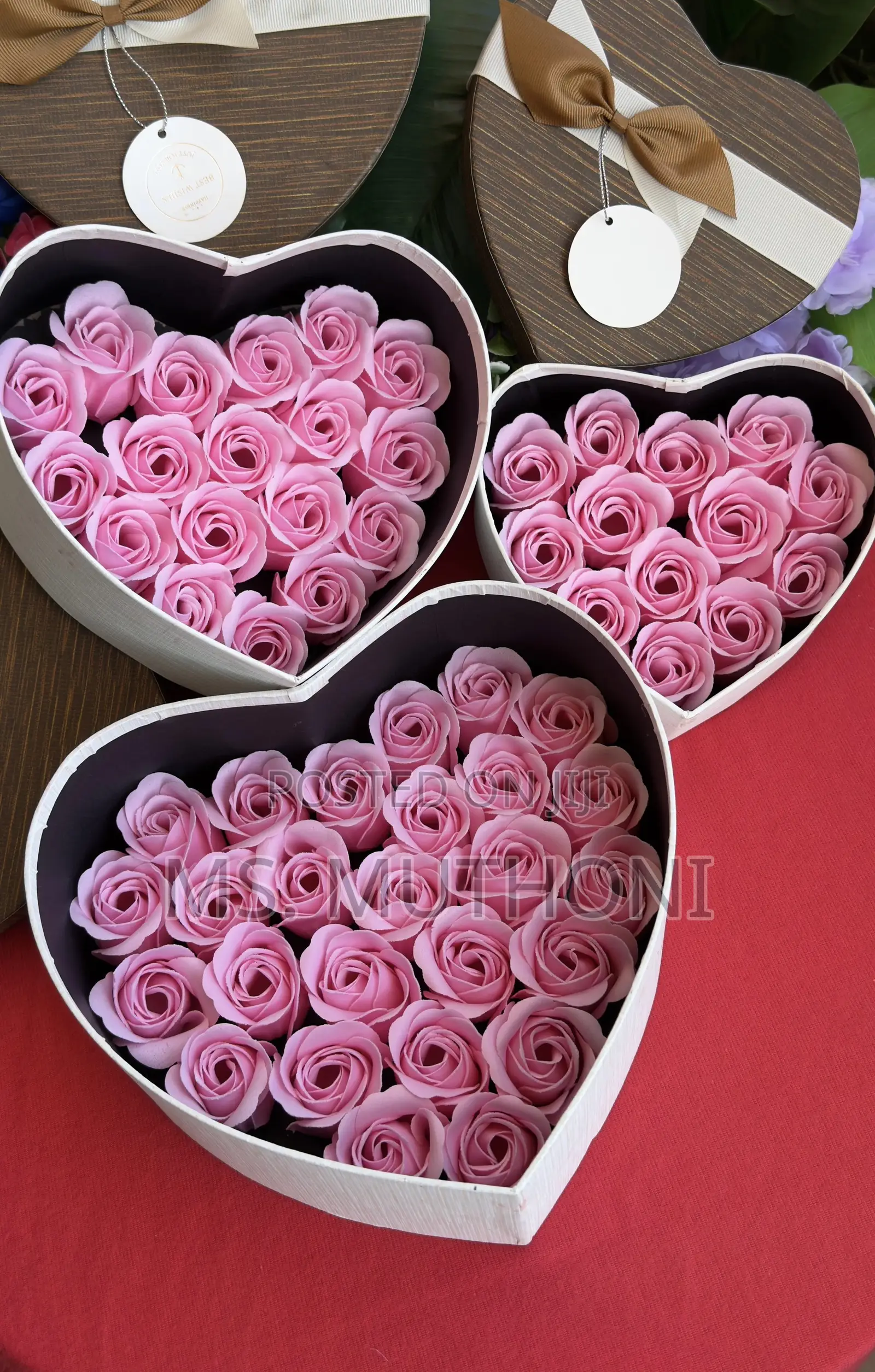  Valentines Heart-Shaped Gift Boxes Containing Pink Soap Roses.