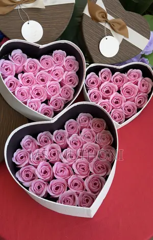  Valentines Heart-Shaped Gift Boxes Containing Pink Soap Roses.