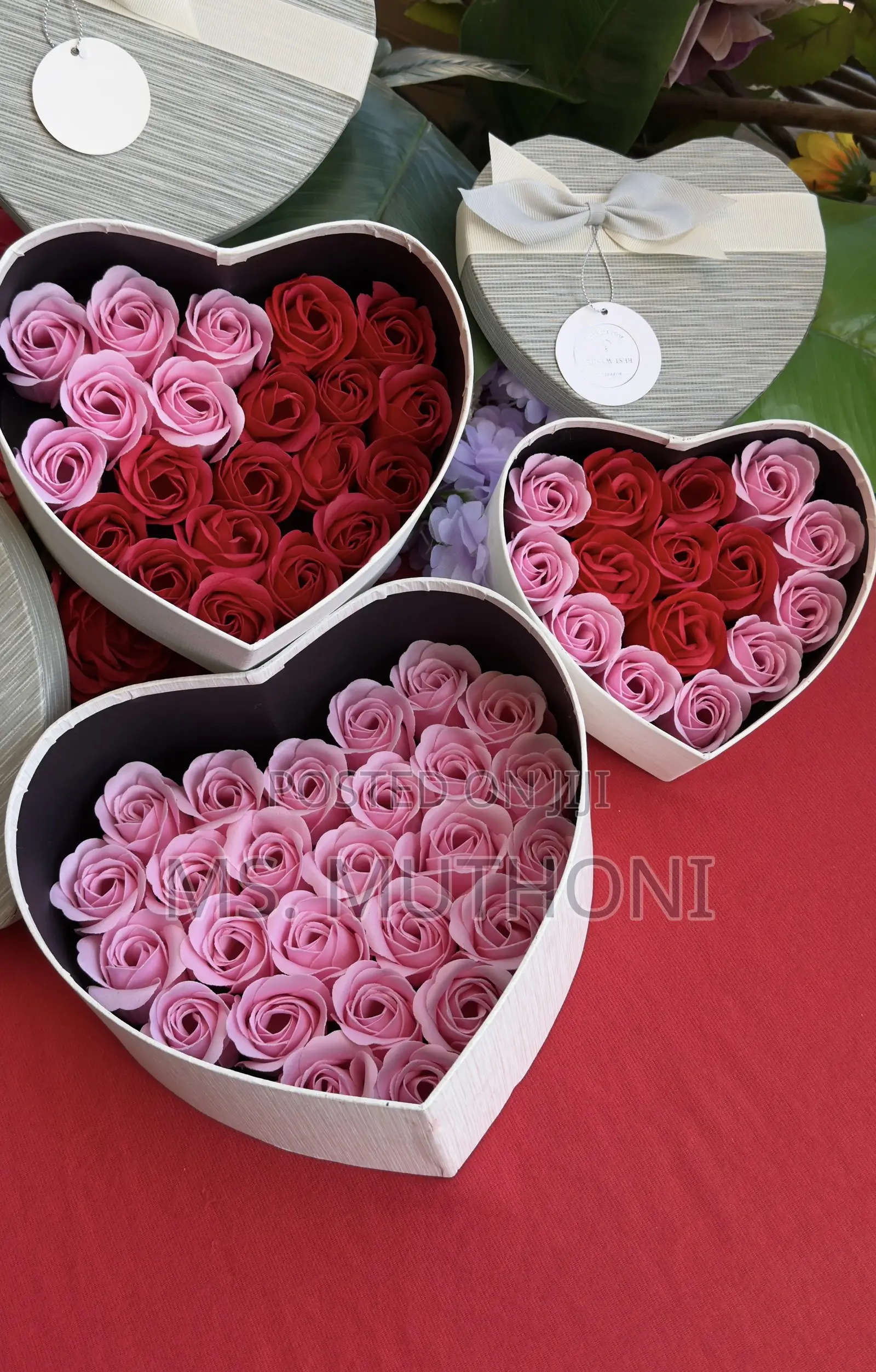  Valentines Heart-Shaped Gift Boxes Containing Pink Soap Roses.