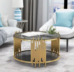 Home Table; Elegant Gold Frame Round Coffee Table With Glass Surface