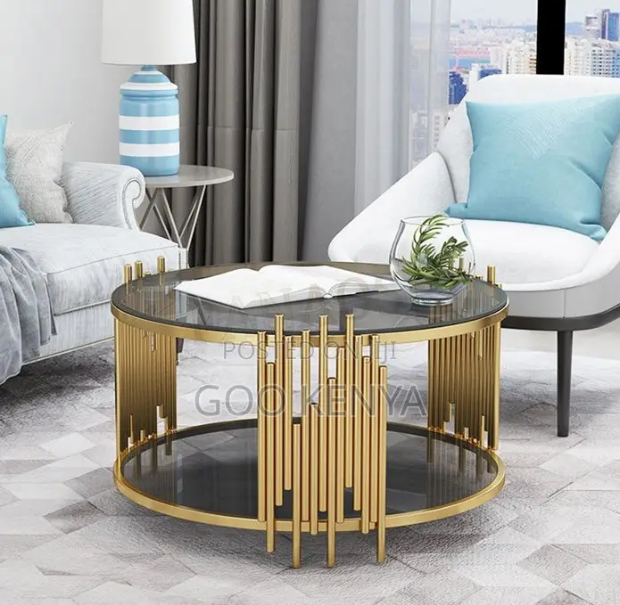 Home Table; Elegant Gold Frame Round Coffee Table With Glass Surface