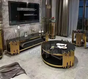 Home Table; Elegant Gold Frame Round Coffee Table With Glass Surface