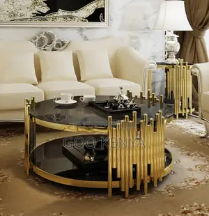 Home Table; Elegant Gold Frame Round Coffee Table With Glass Surface