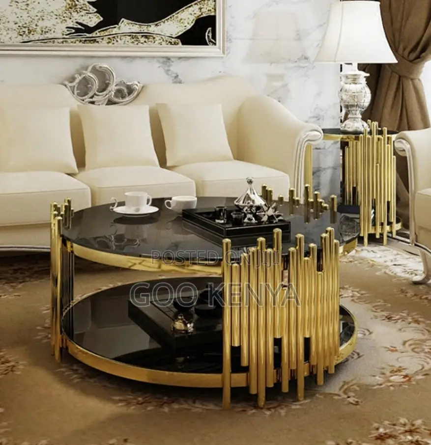 Home Table; Elegant Gold Frame Round Coffee Table With Glass Surface