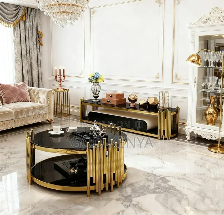 Home Table; Elegant Gold Frame Round Coffee Table With Glass Surface