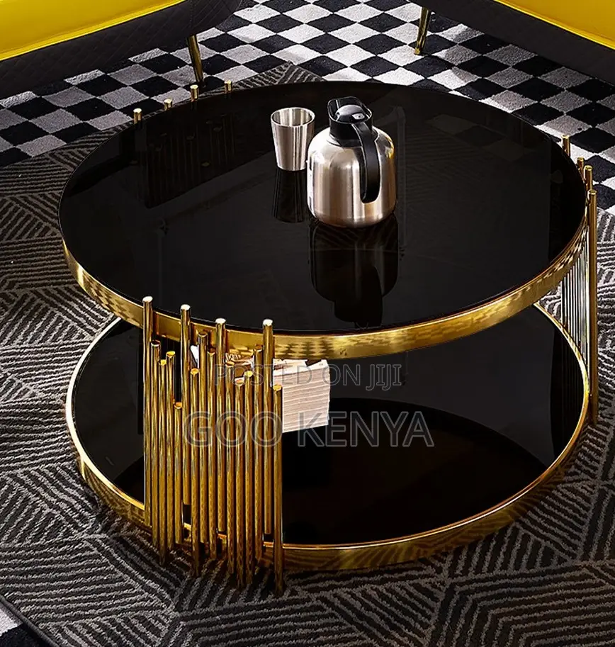 Home Table; Elegant Gold Frame Round Coffee Table With Glass Surface