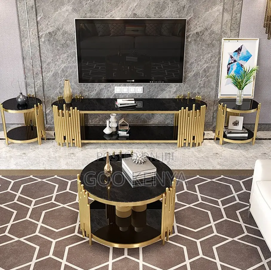 Home Table; Elegant Gold Frame Round Coffee Table With Glass Surface