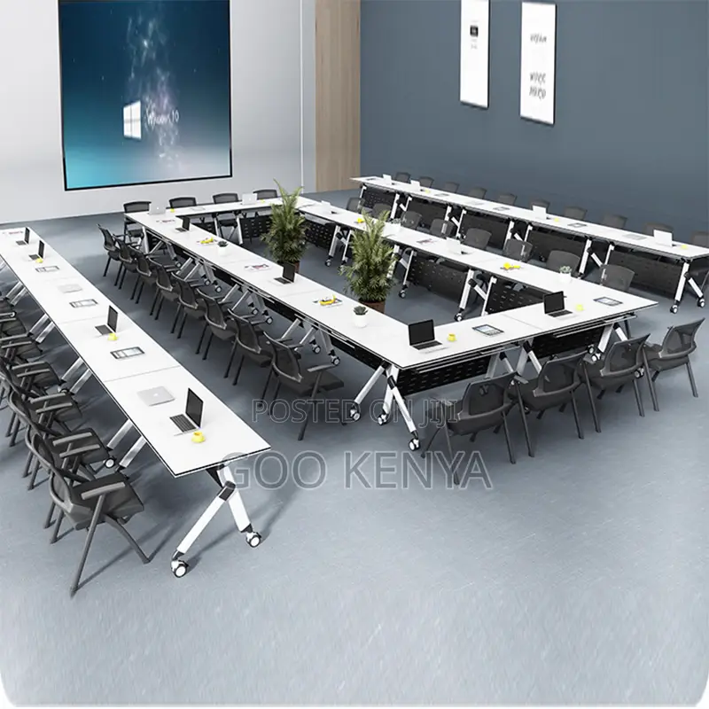 Office Table; Premium White Folding Training Desk With Lockable Wheels