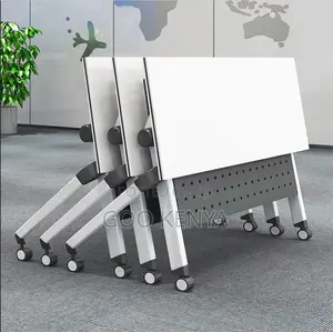 Office Table; Premium White Folding Training Desk With Lockable Wheels