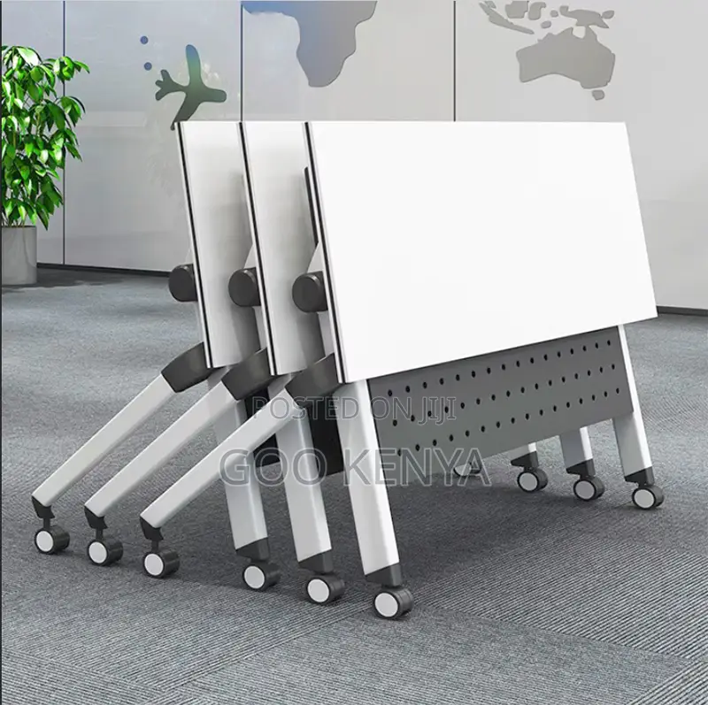 Office Table; Premium White Folding Training Desk With Lockable Wheels