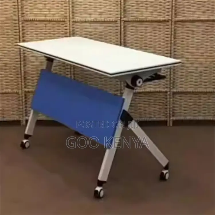 Office Table; Premium White Folding Training Desk With Lockable Wheels