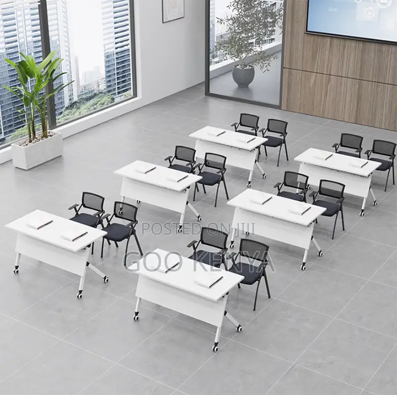 Office Table; Premium White Folding Training Desk With Lockable Wheels