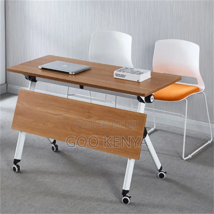 Office Table; Premium White Folding Training Desk With Lockable Wheels