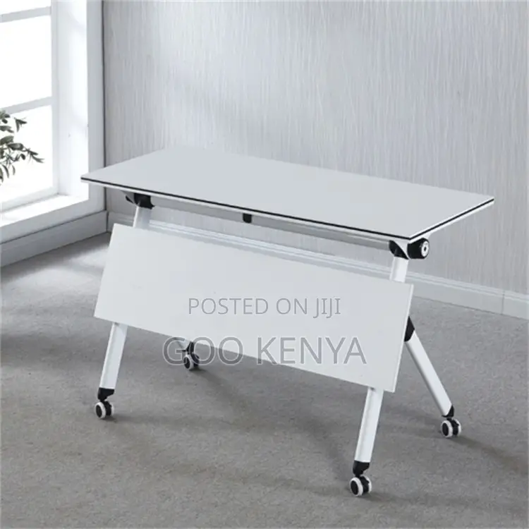 Office Table; Premium White Folding Training Desk With Lockable Wheels