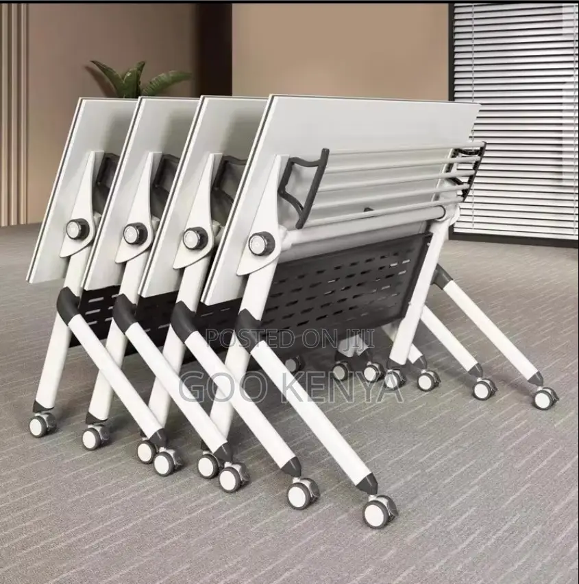 Office Table; Premium White Folding Training Desk With Lockable Wheels