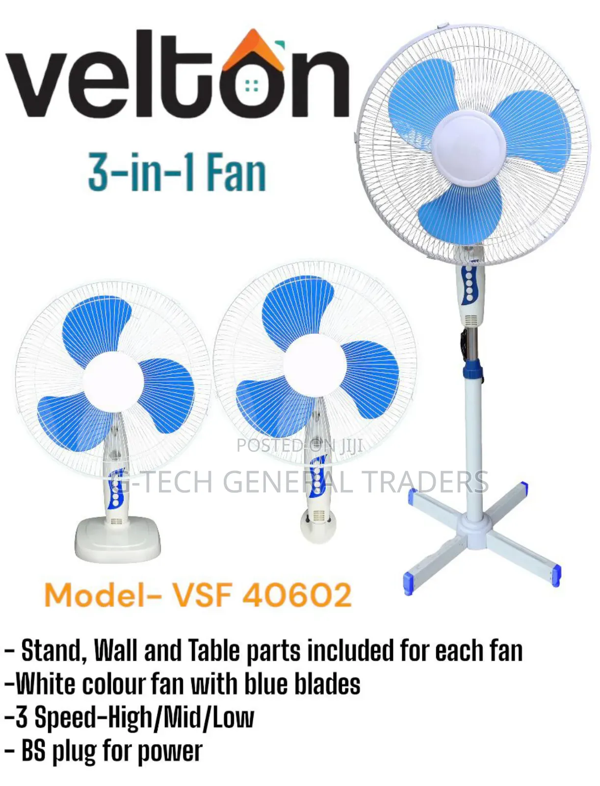Velton 3-in-1 Heavy Duty 3 Speed Electric Fan