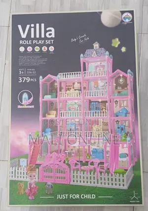379pcs Pink Princess Dollhouse Villa Role Play Set With Led Lights