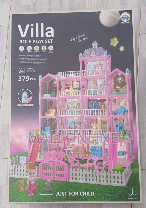 379pcs Pink Princess Dollhouse Villa Role Play Set With Led Lights