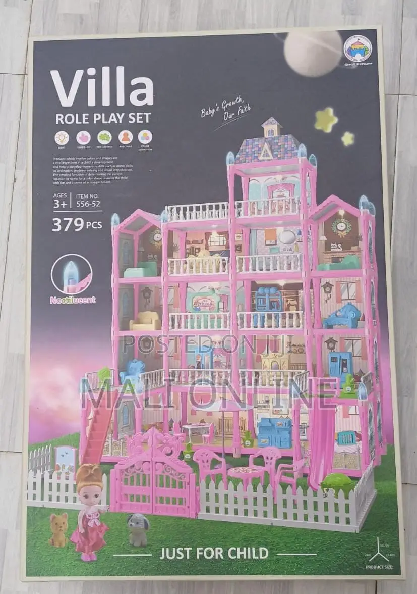 379pcs Pink Princess Dollhouse Villa Role Play Set With Led Lights