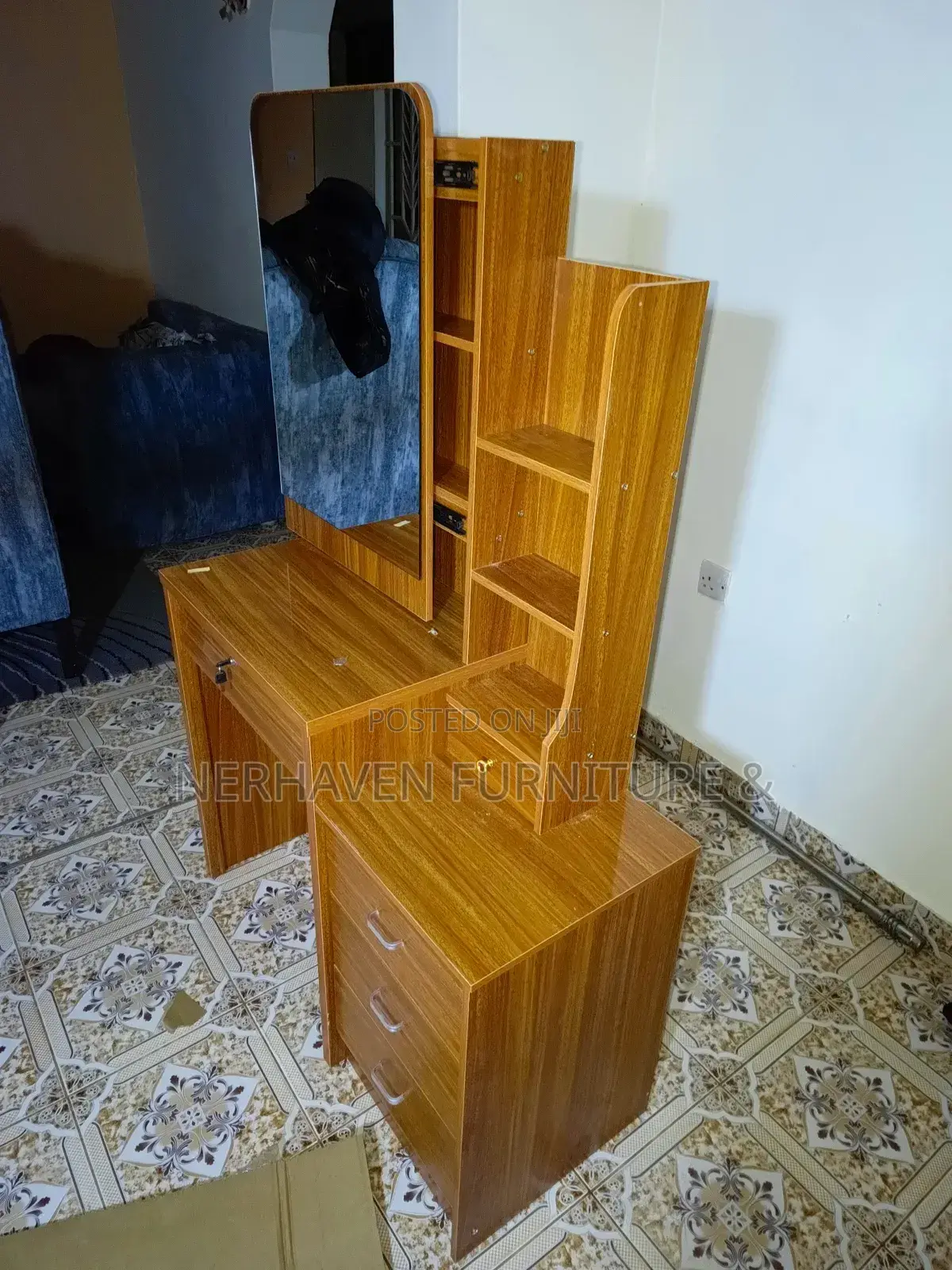 Modern Brown Dressing Table With Sliding Mirror Door