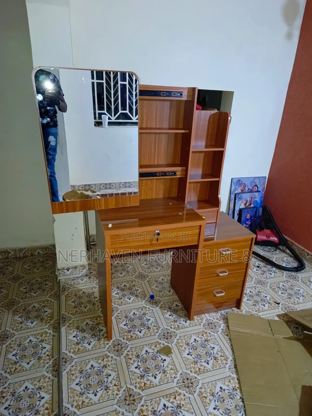 Elegant Brown Vanity Dressing Table With Sliding Mirror Cabinet