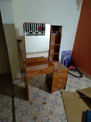 Stylish Brown Dressing Table With Sliding Mirror Door Drawers