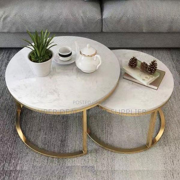 Luxury Marble Top Coffee Table Pair With Golden Circular Frames