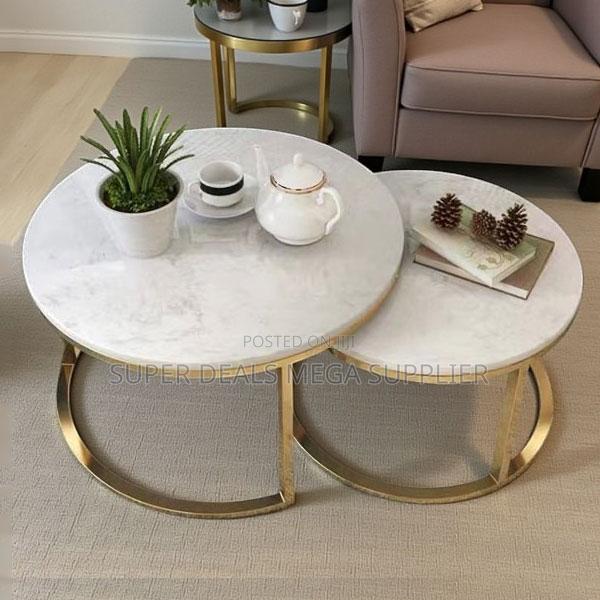 2 Piece Nesting Coffee Table Set With White Marble and Gold Design