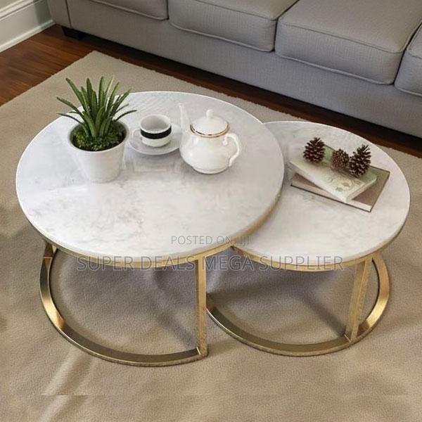 Stylish Round Coffee Table Duo With Marble Finish and Gold Frame