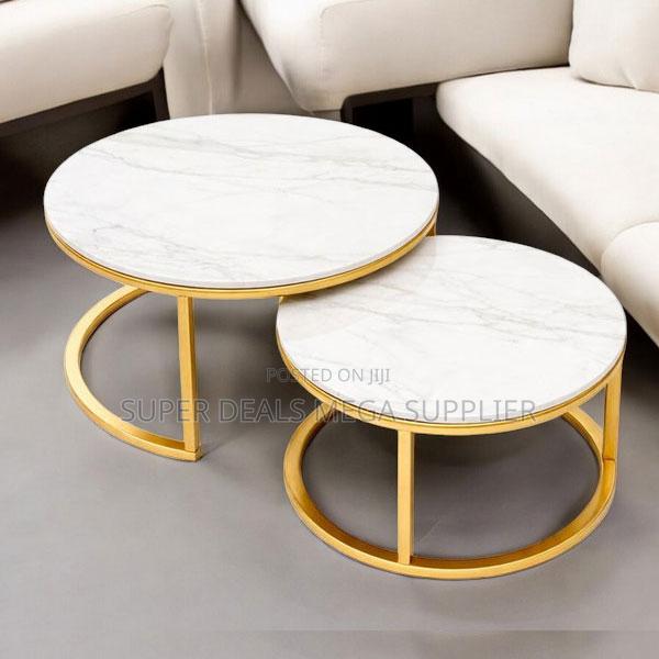 White Marble Coffee Table Set With Gold Circular Base Nesting