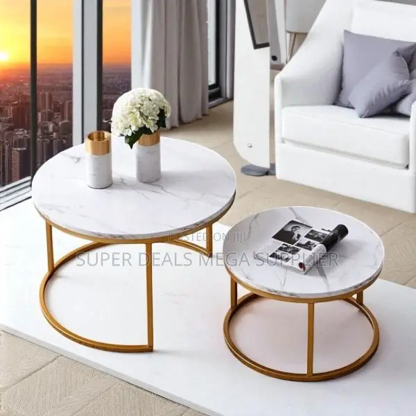 Marble Effect Round Coffee Tables With Gold Support Base Set