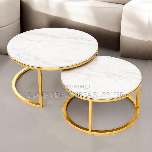 Chic Space Saver Marble Coffee Table Pair With Golden Round Frame