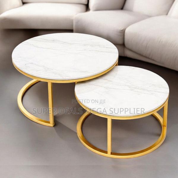 Elegant Gold Frame 2 Piece Marble Top Round Nesting Coffee Table