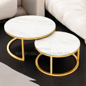Modern Golden Metal 2 Tier Marble Top Round Coffee Table Set