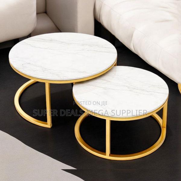 Modern Golden Metal 2 Tier Marble Top Round Coffee Table Set
