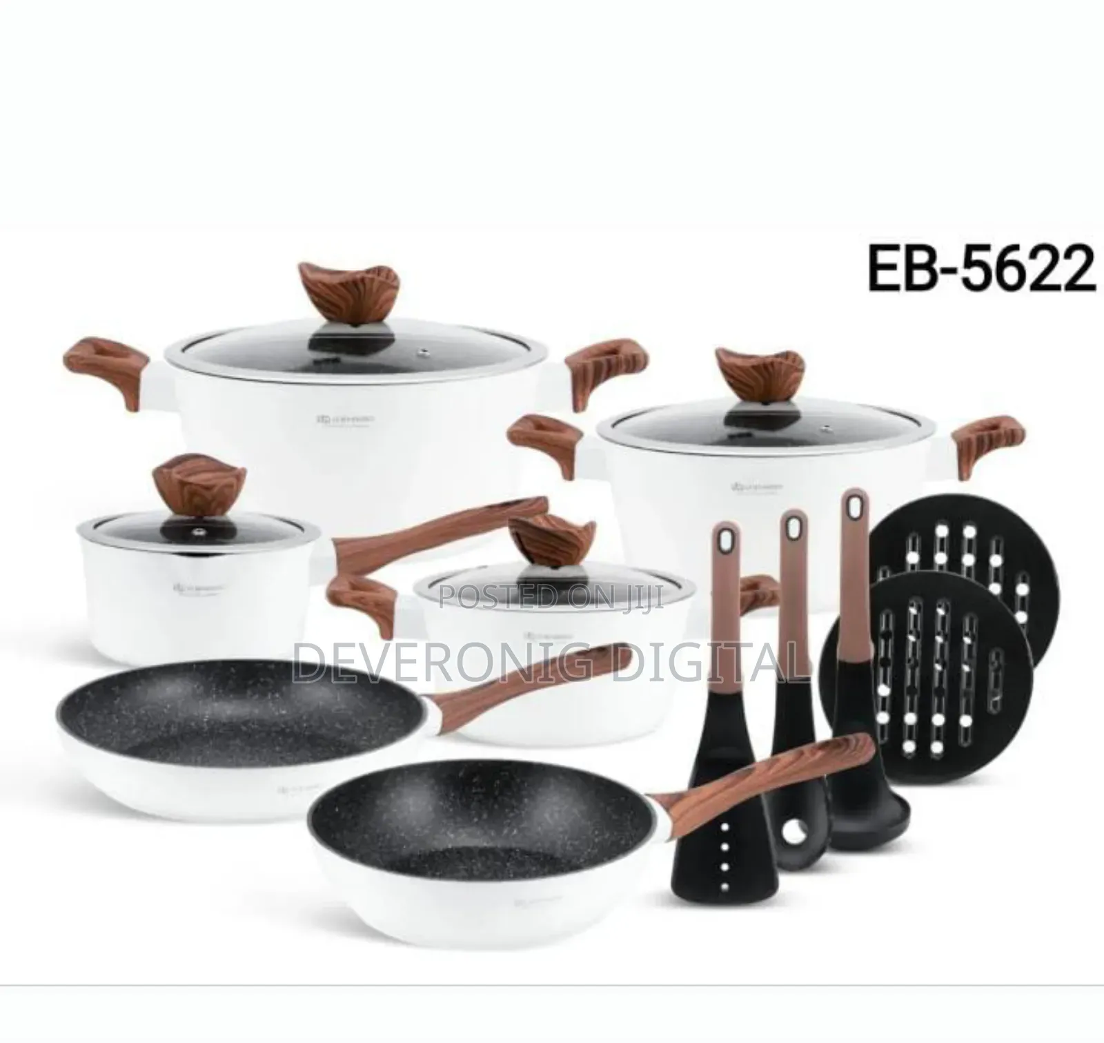 15 Pieces White With Wooden Handle Edenburg Cookware Pots Set