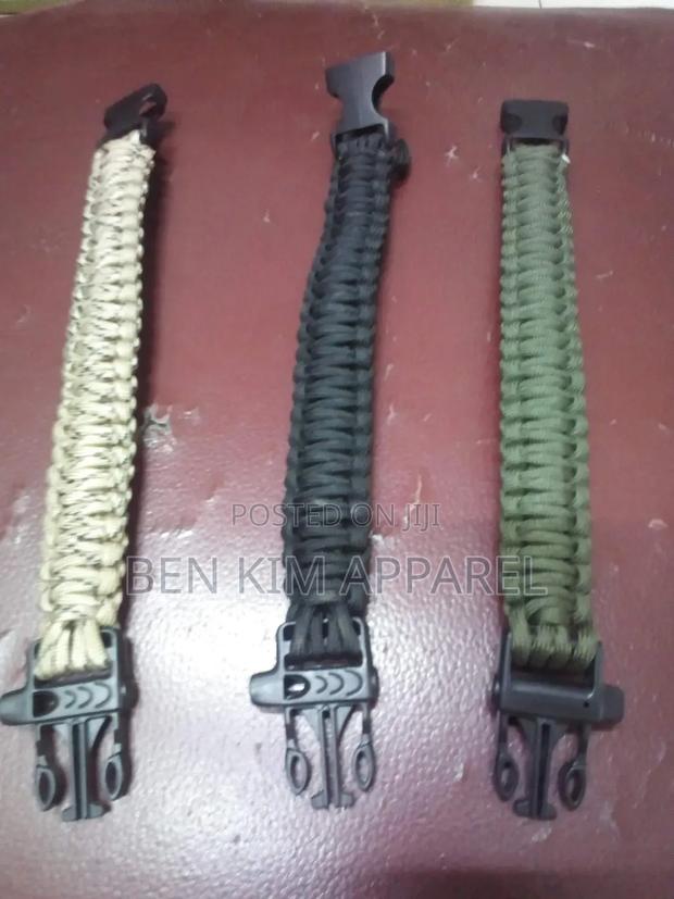 Tactical Paracord Bracelet With Whistle Green Black and Beige.