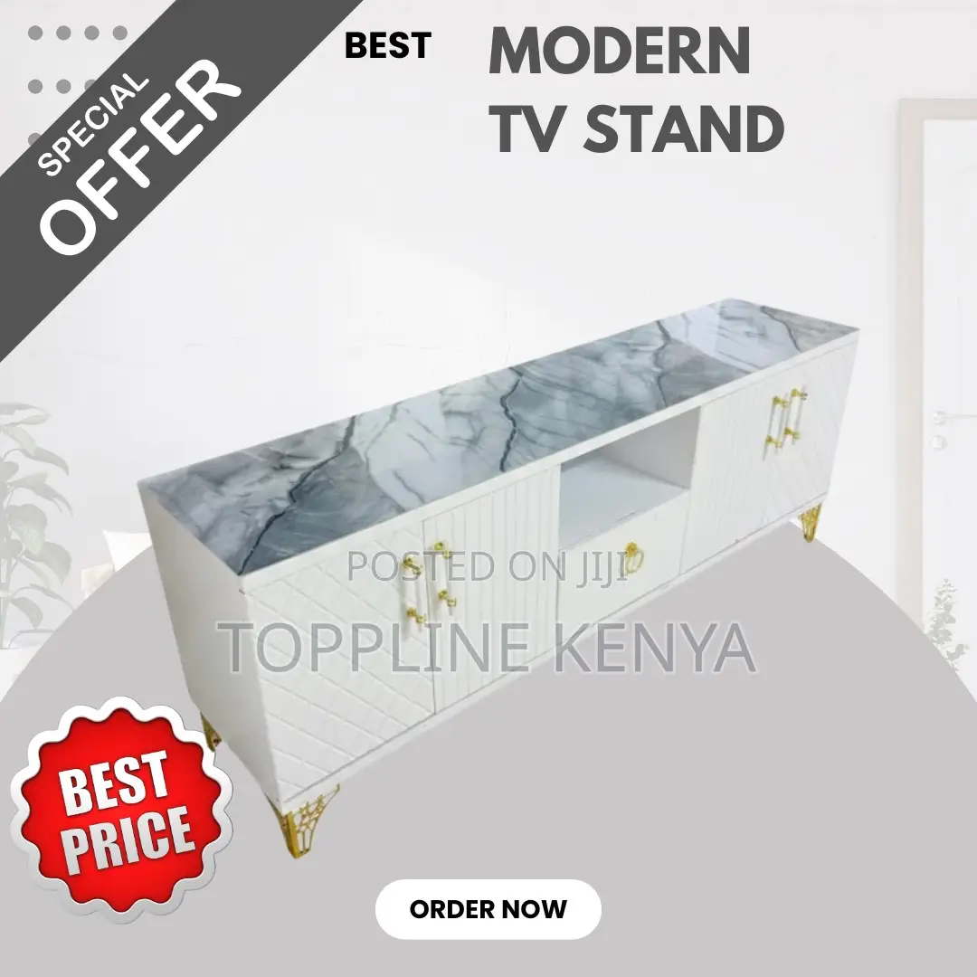 Modern White Tv Stand With Marble Top, Fluted Cabinet Doors