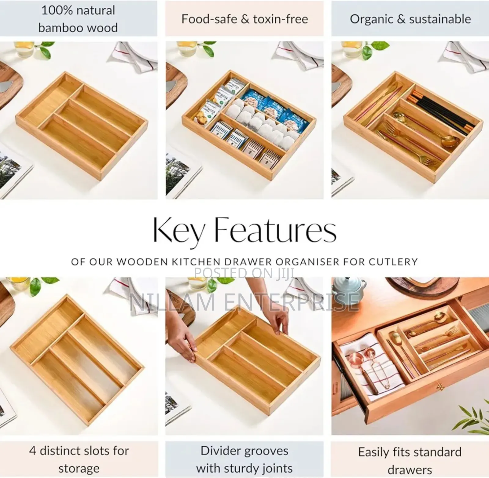 *Bamboo Cutlery Tray With 4 Slots,