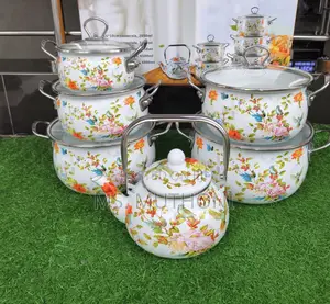 Enamel Cookware Set With Kettle Featuring a Vibrant Floral Pattern