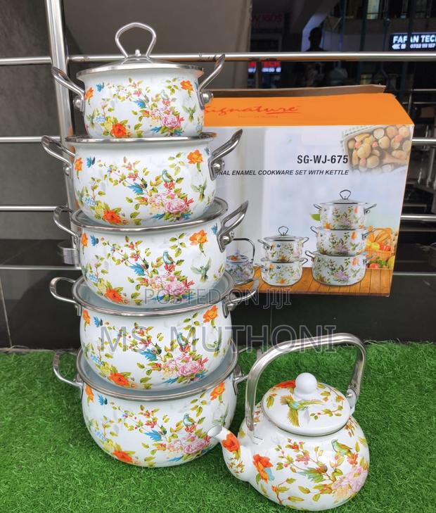 Enamel Cookware Set With Kettle Featuring a Vibrant Floral Pattern - thumbnail 2