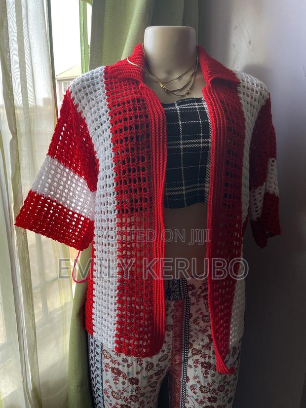Custom Made Crochet Cardigan Red and White - main view