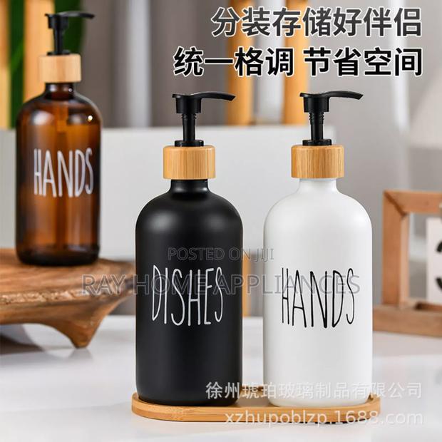 Dual Ceramic Hand Wash Soap and Lotion Dispenser With Bamboo Holder - thumbnail 2