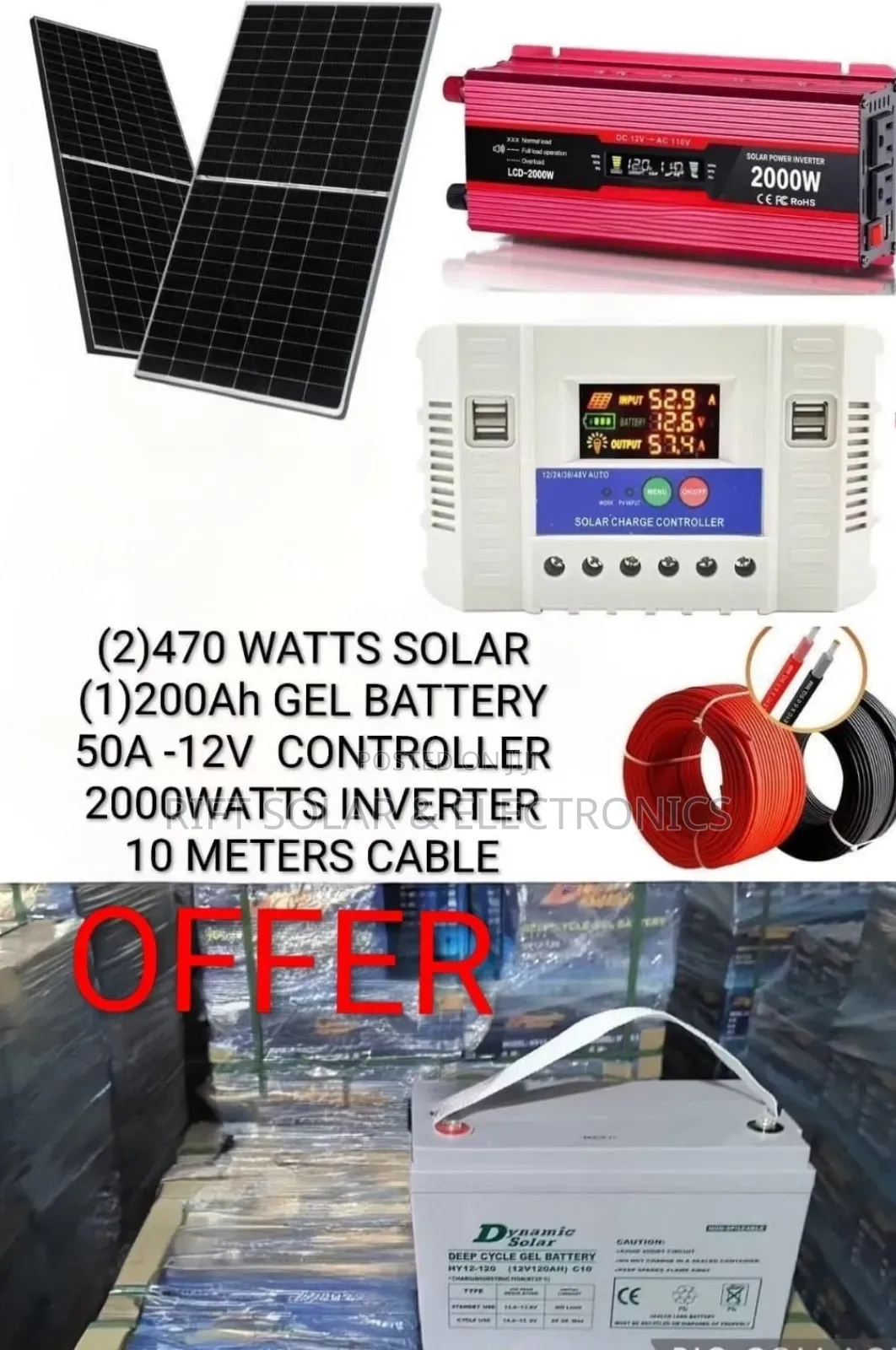 2000 Watts Output Solar System - (2)470w Solar - 200ah Lithium Battery